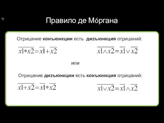 Правило де Мóргана или Отрицание конъюнкции есть дизъюнкция отрицаний: Отрицание дизъюнкции есть конъюнкция отрицаний: