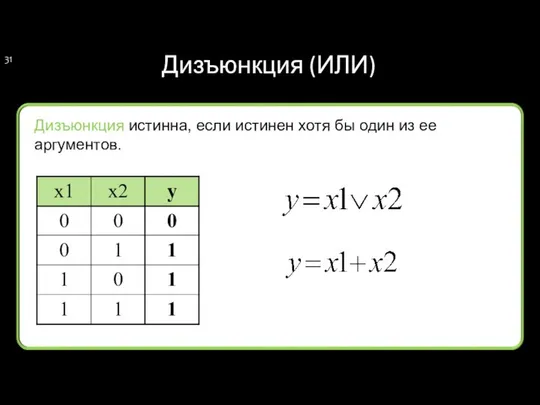 Дизъюнкция (ИЛИ) Дизъюнкция истинна, если истинен хотя бы один из ее аргументов.