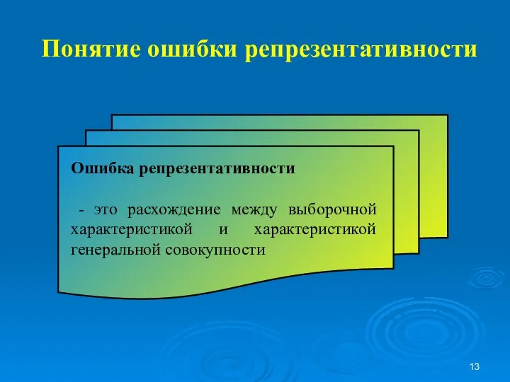 Понятие ошибки репрезентативности Ошибка репрезентативности - это расхождение между выборочной характеристикой и характеристикой генеральной совокупности