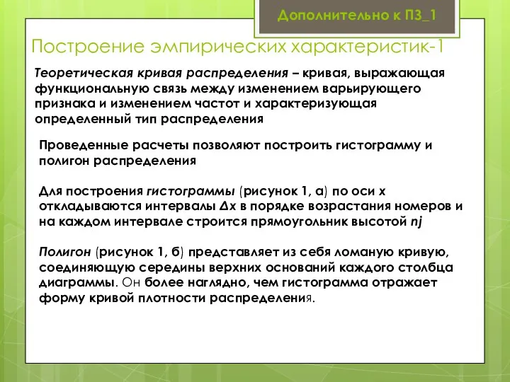 Построение эмпирических характеристик-1 Дополнительно к ПЗ_1 Теоретическая кривая распределения – кривая,