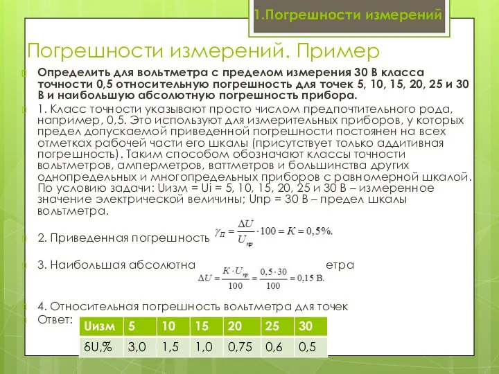 Погрешности измерений. Пример Определить для вольтметра с пределом измерения 30 В