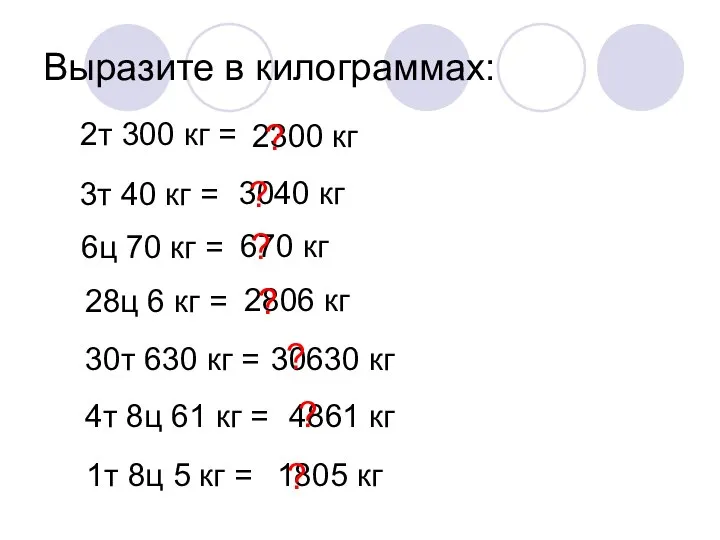 Выразите в килограммах: 2т 300 кг = 2300 кг 3т 40