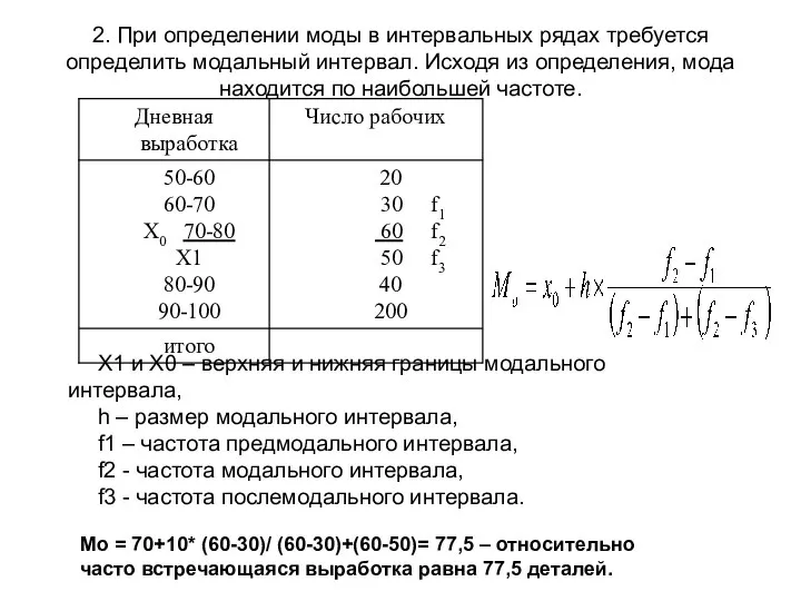 2. При определении моды в интервальных рядах требуется определить модальный интервал.