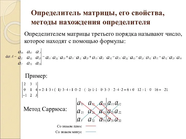 Определитель матрицы, его свойства, методы нахождения определителя Определителем матрицы третьего порядка