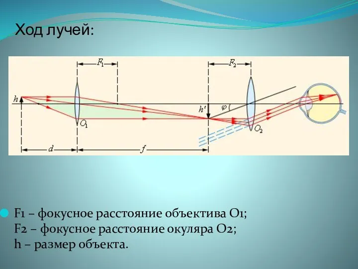 Ход лучей: F1 – фокусное расстояние объектива О1; F2 – фокусное