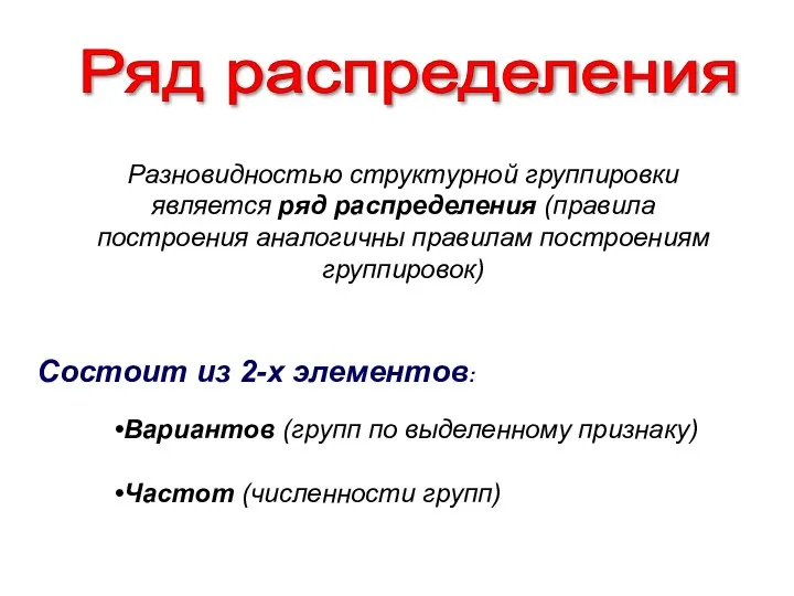 Ряд распределения Состоит из 2-х элементов: Разновидностью структурной группировки является ряд