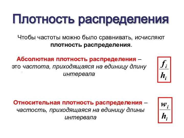 Плотность распределения . Чтобы частоты можно было сравнивать, исчисляют плотность распределения.