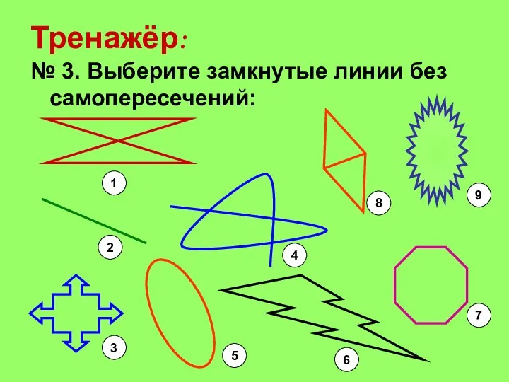 Тренажёр: № 3. Выберите замкнутые линии без самопересечений: 1 2 3