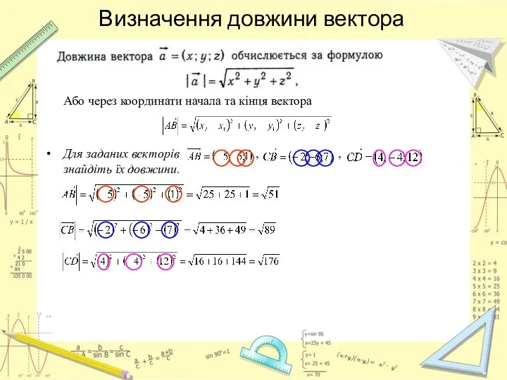 Визначення довжини вектора Або через координати начала та кінця вектора Для