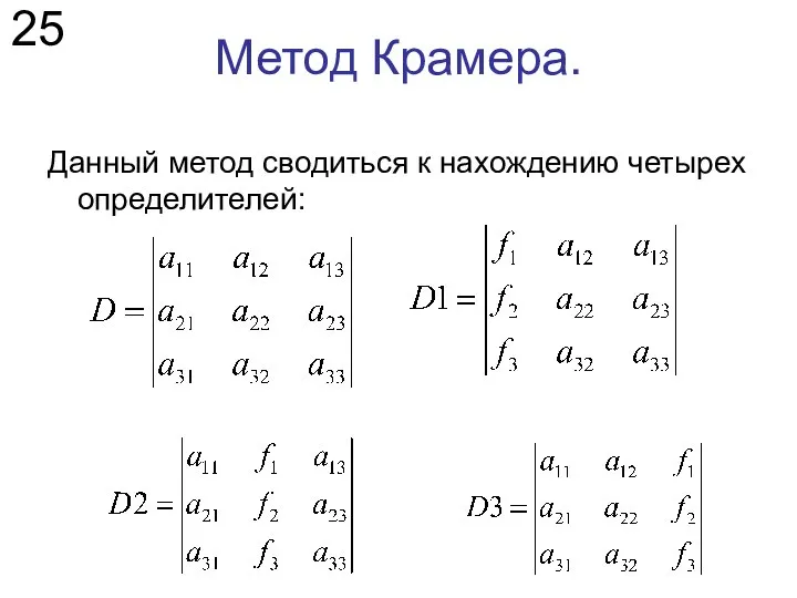 Метод Крамера. Данный метод сводиться к нахождению четырех определителей: 25