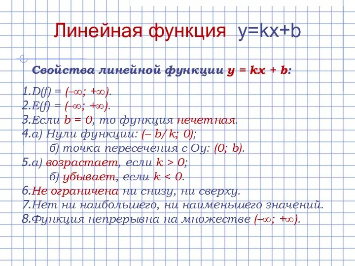 Линейная функция y=kx+b Свойства линейной функции y = kx + b: