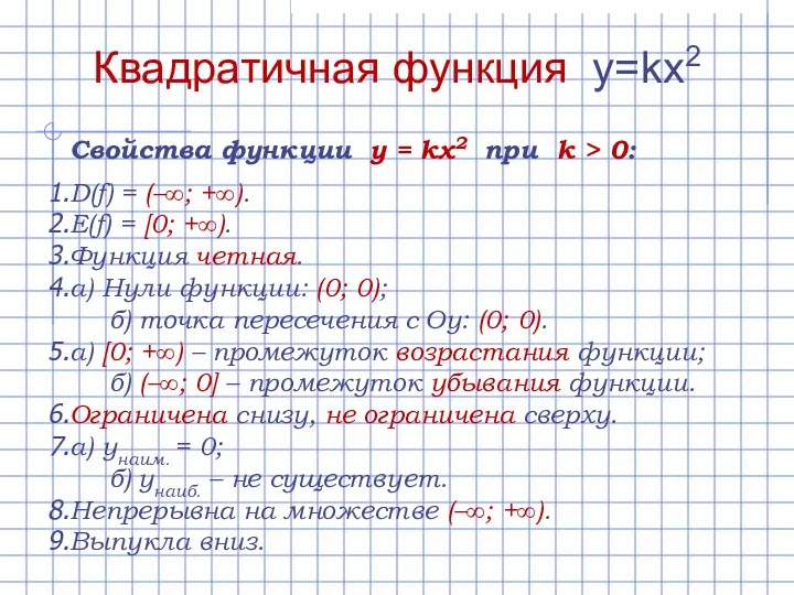 Свойства функции y = kx2 при k > 0: D(f) =