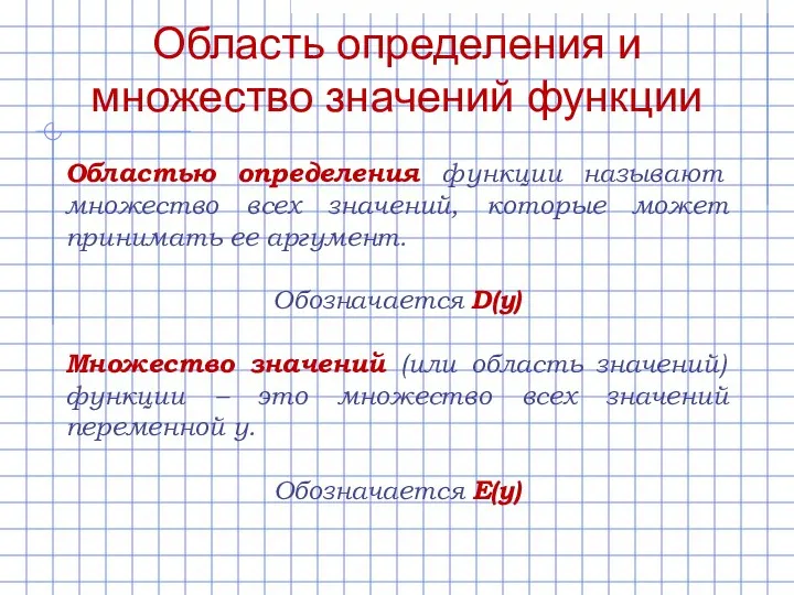 Область определения и множество значений функции Областью определения функции называют множество