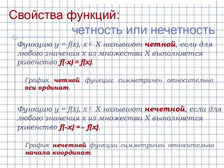 Свойства функций: четность или нечетность Функцию y = f(x), х ∊