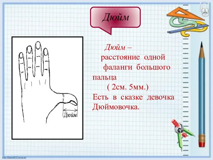 Дюйм – расстояние одной фаланги большого пальца ( 2см. 5мм.) Есть