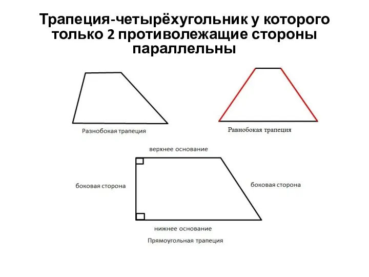 Трапеция-четырёхугольник у которого только 2 противолежащие стороны параллельны