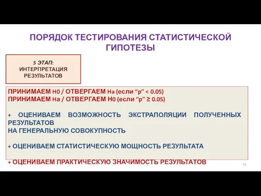 ПОРЯДОК ТЕСТИРОВАНИЯ СТАТИСТИЧЕСКОЙ ГИПОТЕЗЫ 5 ЭТАП: ИНТЕРПРЕТАЦИЯ РЕЗУЛЬТАТОВ ПРИНИМАЕМ H0 /