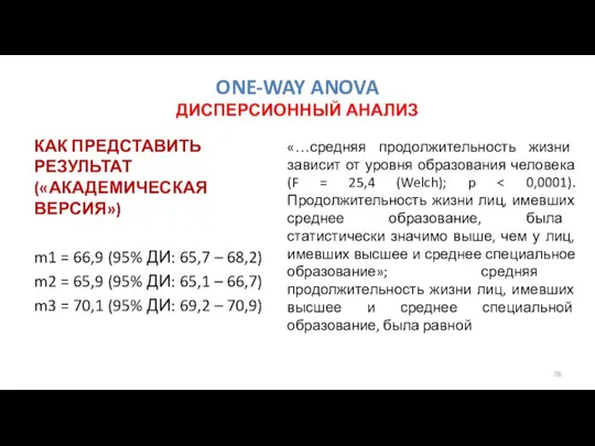 ONE-WAY ANOVA ДИСПЕРСИОННЫЙ АНАЛИЗ КАК ПРЕДСТАВИТЬ РЕЗУЛЬТАТ («АКАДЕМИЧЕСКАЯ ВЕРСИЯ») m1 =