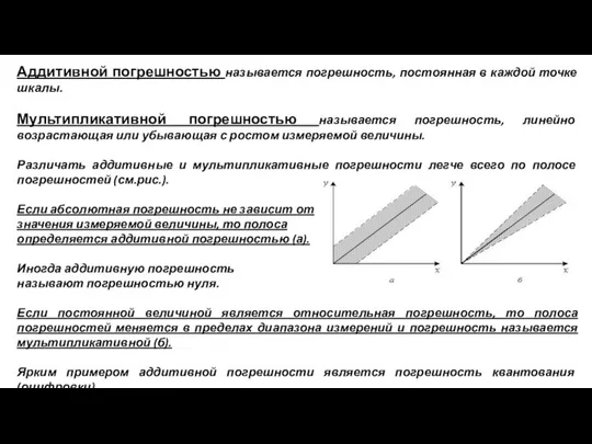 Аддитивной погрешностью называется погрешность, постоянная в каждой точке шкалы. Мультипликативной погрешностью