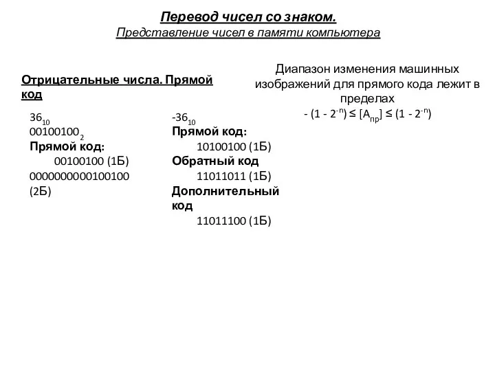 Перевод чисел со знаком. Представление чисел в памяти компьютера Отрицательные числа.