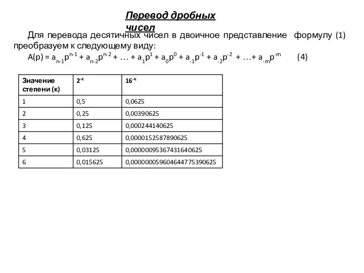 Перевод дробных чисел Для перевода десятичных чисел в двоичное представление формулу
