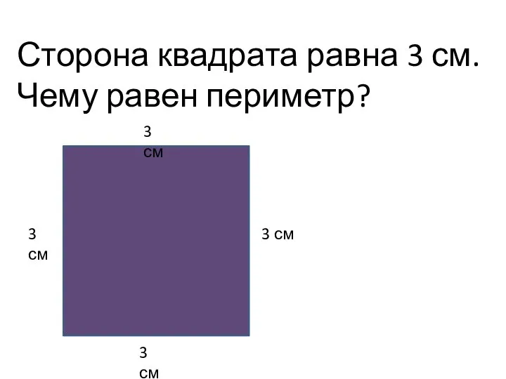 Сторона квадрата равна 3 см. Чему равен периметр? 3 см 3 см 3 см 3 см