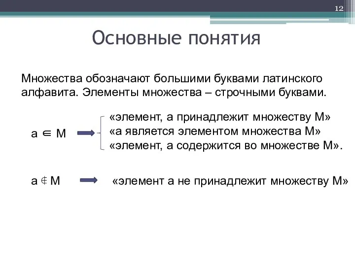 Множества обозначают большими буквами латинского алфавита. Элементы множества – строчными буквами.