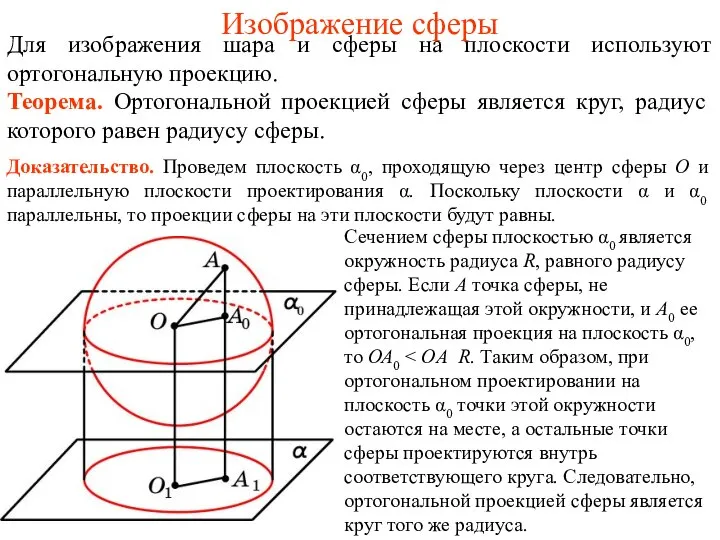 Изображение сферы Для изображения шара и сферы на плоскости используют ортогональную