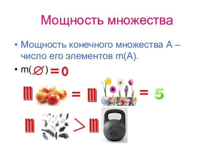 Мощность множества Мощность конечного множества А – число его элементов m(А). m( )