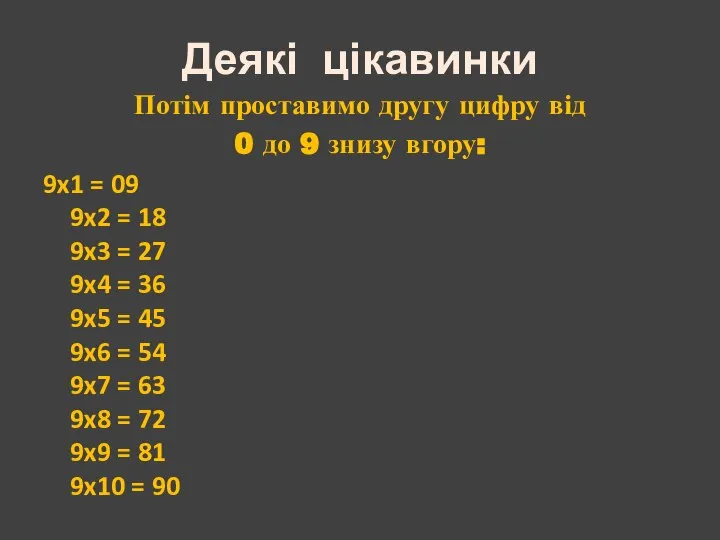 Потім проставимо другу цифру від 0 до 9 знизу вгору: 9x1