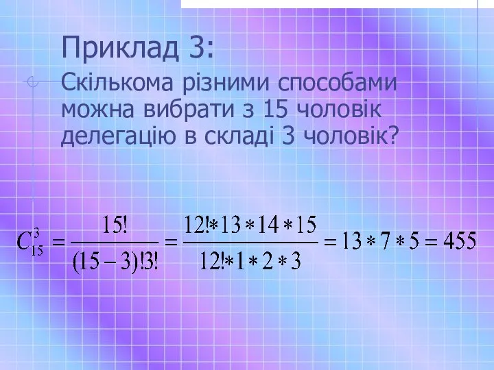 Приклад 3: Скількома різними способами можна вибрати з 15 чоловік делегацію в складі 3 чоловік?