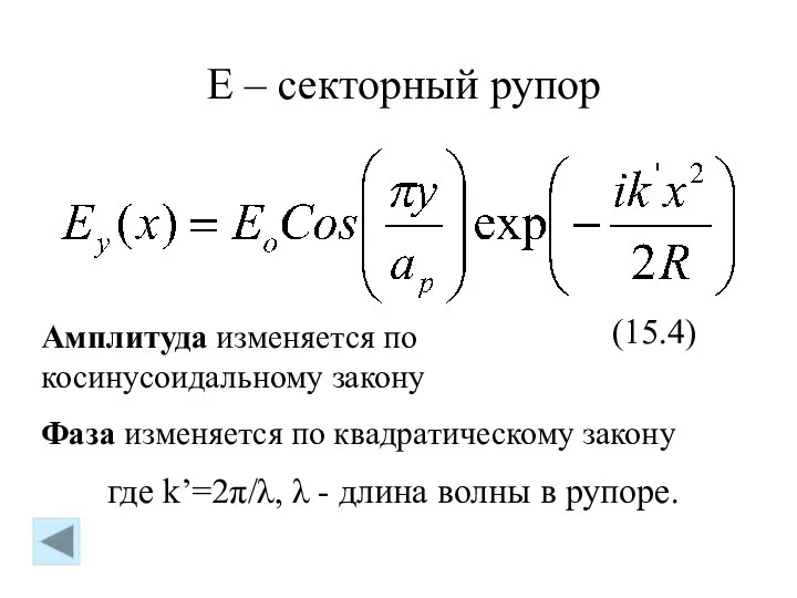 (15.4) где k’=2π/λ, λ - длина волны в рупоре. Амплитуда изменяется