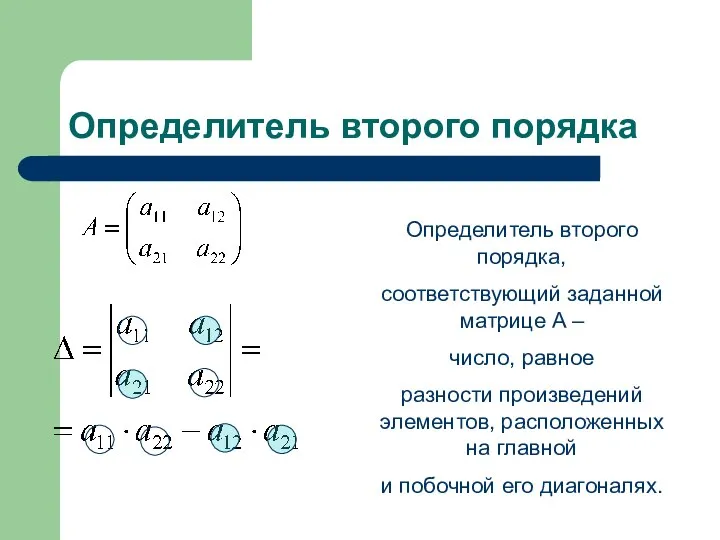 Определитель второго порядка Определитель второго порядка, соответствующий заданной матрице A –