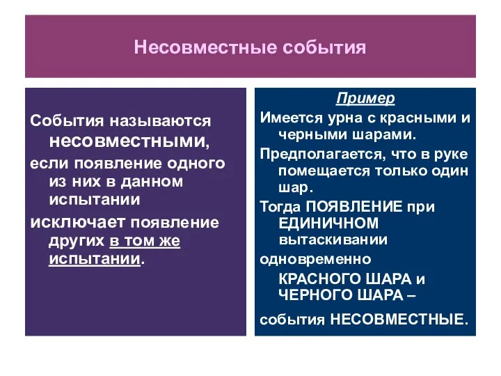 Несовместные события События называются несовместными, если появление одного из них в