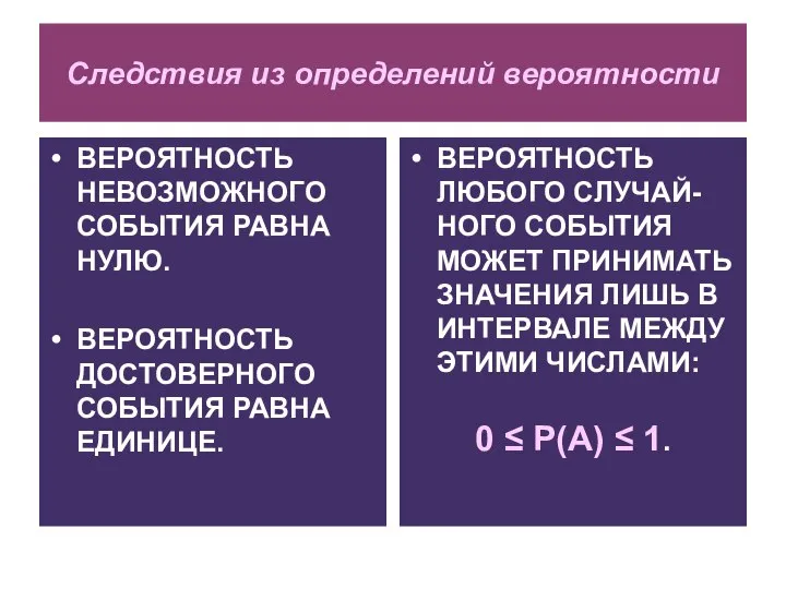 Следствия из определений вероятности ВЕРОЯТНОСТЬ НЕВОЗМОЖНОГО СОБЫТИЯ РАВНА НУЛЮ. ВЕРОЯТНОСТЬ ДОСТОВЕРНОГО