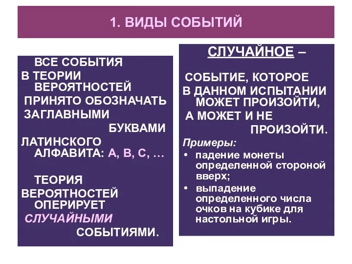 1. ВИДЫ СОБЫТИЙ ВСЕ СОБЫТИЯ В ТЕОРИИ ВЕРОЯТНОСТЕЙ ПРИНЯТО ОБОЗНАЧАТЬ ЗАГЛАВНЫМИ