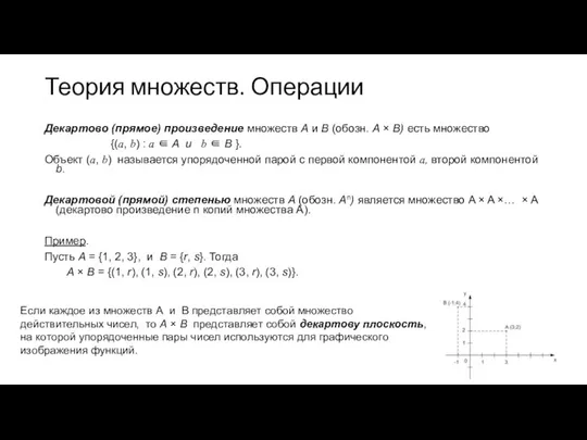 Теория множеств. Операции Декартово (прямое) произведение множеств А и В (обозн.