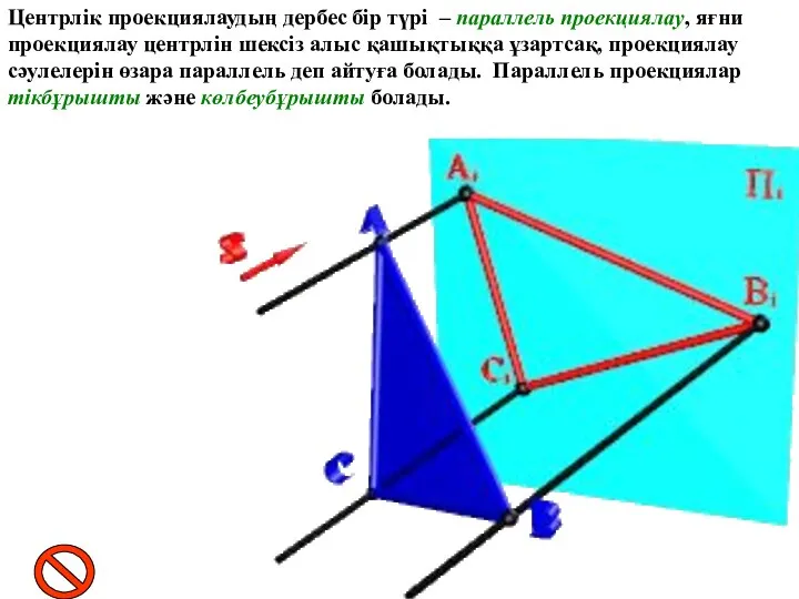 Центрлік проекциялаудың дербес бір түрі – параллель проекциялау, яғни проекциялау центрлін