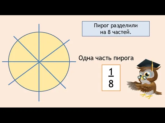 Пирог разделили на 8 частей. Одна часть пирога 1 8