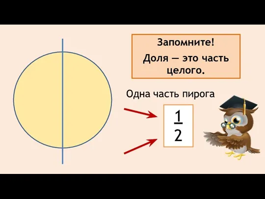 Разрезала пирог на две равные части или пополам. 1 2 Одна