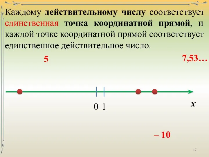 Каждому действительному числу соответствует единственная точка координатной прямой, и каждой точке