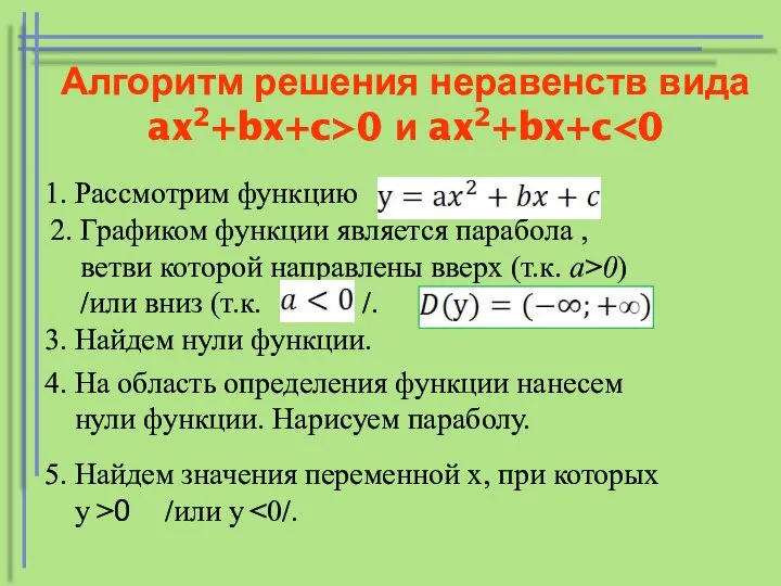 Алгоритм решения неравенств вида ax2+bx+c>0 и ax2+bx+c 1. Рассмотрим функцию 2.