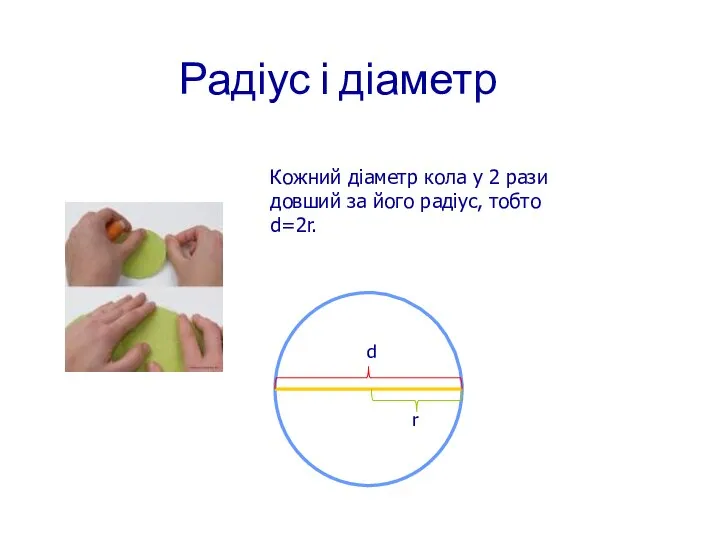 Радіус і діаметр Кожний діаметр кола у 2 рази довший за