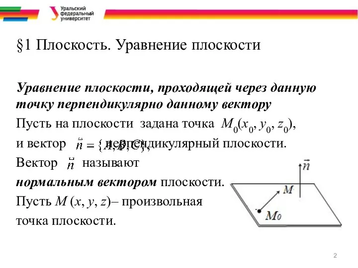 §1 Плоскость. Уравнение плоскости Уравнение плоскости, проходящей через данную точку перпендикулярно