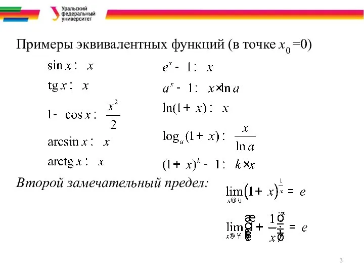 Примеры эквивалентных функций (в точке х0 =0) Второй замечательный предел: