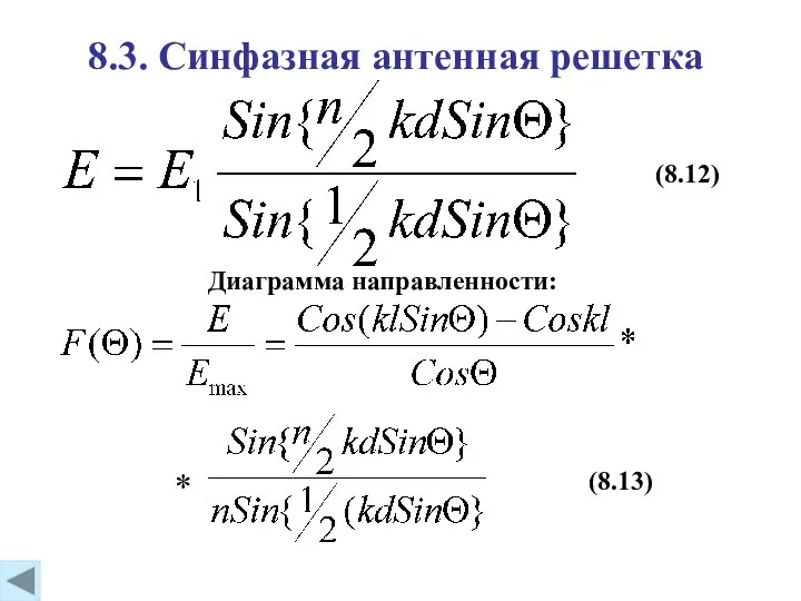 8.3. Синфазная антенная решетка (8.12) Диаграмма направленности: (8.13) *