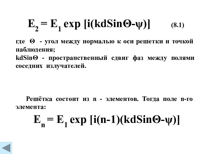 En = E1 exp [i(n-1)(kdSinΘ-ψ)] где Θ - угол между нормалью