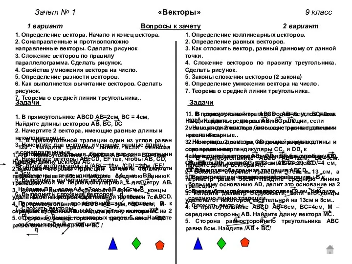 1 вариант Вопросы к зачету 2 вариант 1. Определение вектора. Начало