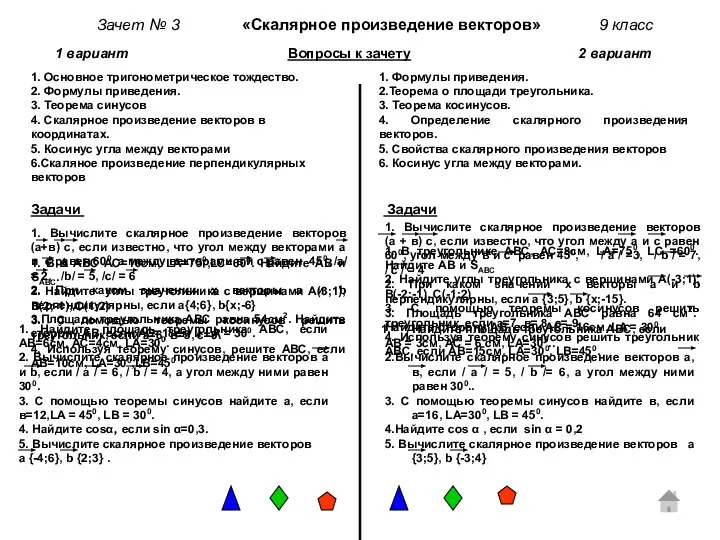 1 вариант Вопросы к зачету 2 вариант 1. Основное тригонометрическое тождество.