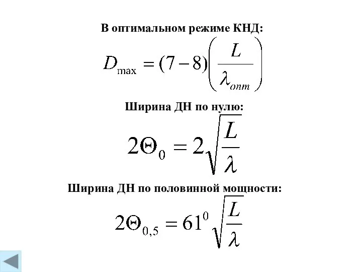 В оптимальном режиме КНД: Ширина ДН по нулю: Ширина ДН по половинной мощности: